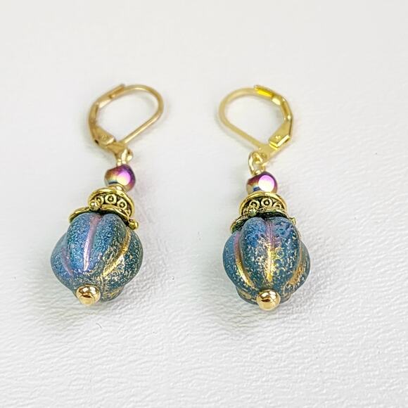 Stunning Dangle Earrings, Teal‎ Blue Glass with Etched Gold AB, Leverback Hooks - Picture 5 of 8